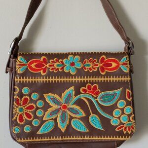 Vintage Isabella Fiore Beaded Faux Leather Hand Shoulder Bag 12" x 9" Brown